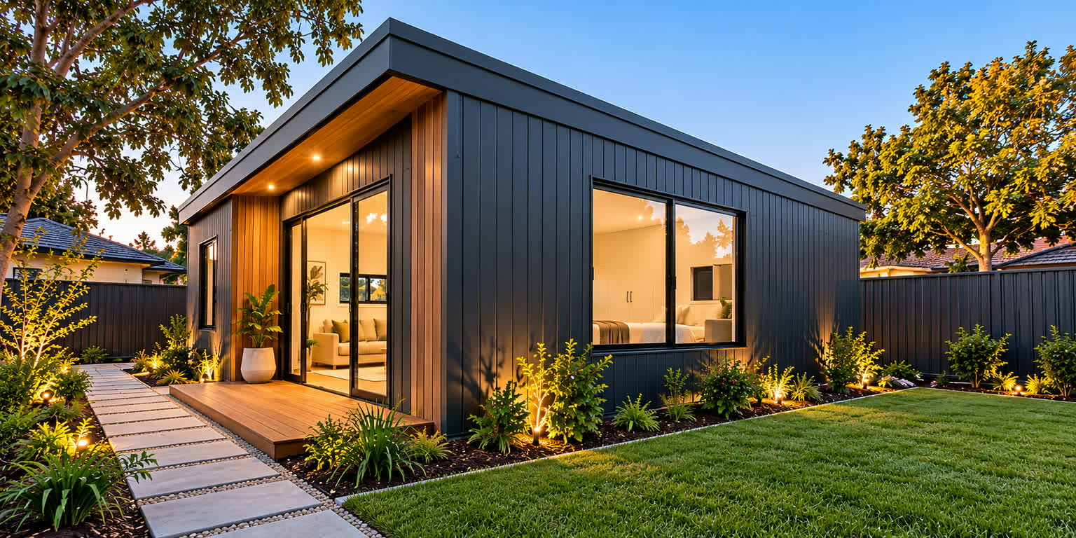 A small second dwelling in a Melbourne back garden at dusk